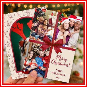 Merry Christmas Elegant Bow Present Photo Collage  Holiday Card