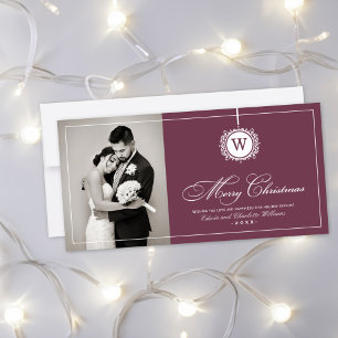 Merry Christmas Elegant Burgundy Monogram Photo Holiday Card