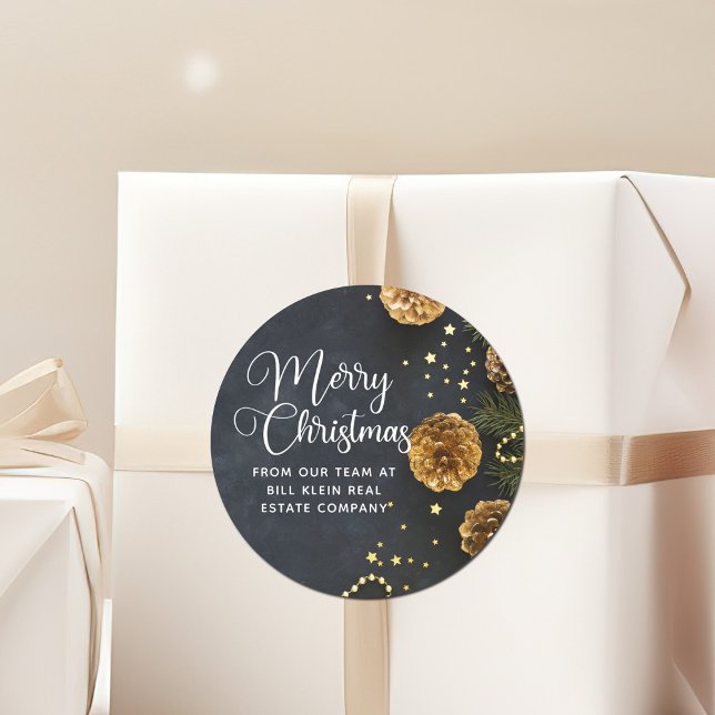 Merry Christmas Elegant Business Black Gold Classic Round Sticker (Creator Uploaded)
