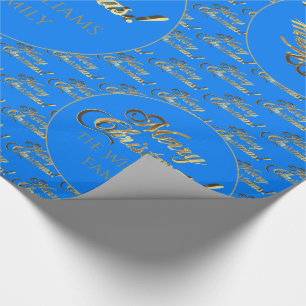 Merry Christmas Elegant Cerulean Blue Gold Script Wrapping Paper