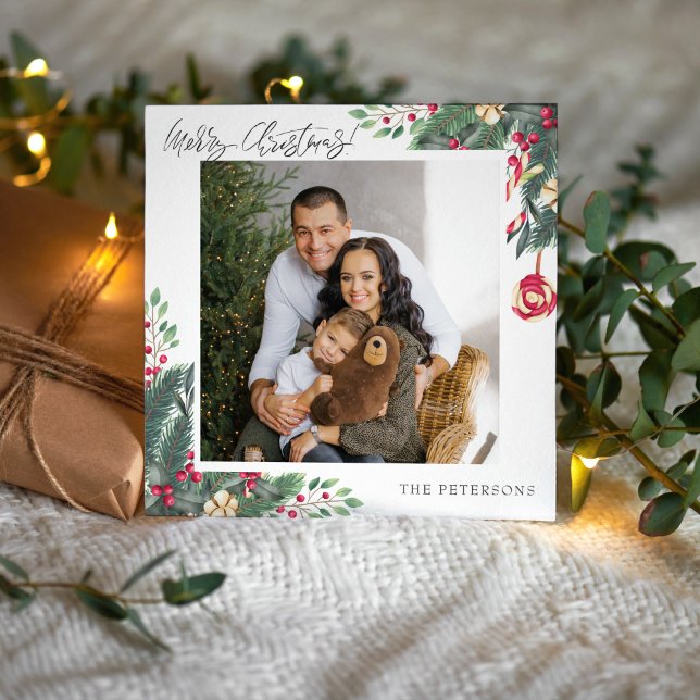 Merry Christmas Elegant Christmas Greeting Photo Holiday Card (Merry Christmas Elegant Christmas Greeting Photo Holiday Card surrounded with holiday decoration.)
