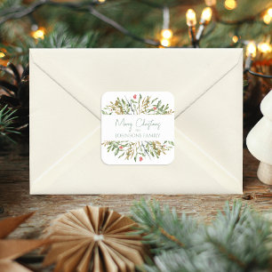 Merry Christmas Elegant Custom Greenery Square Sticker