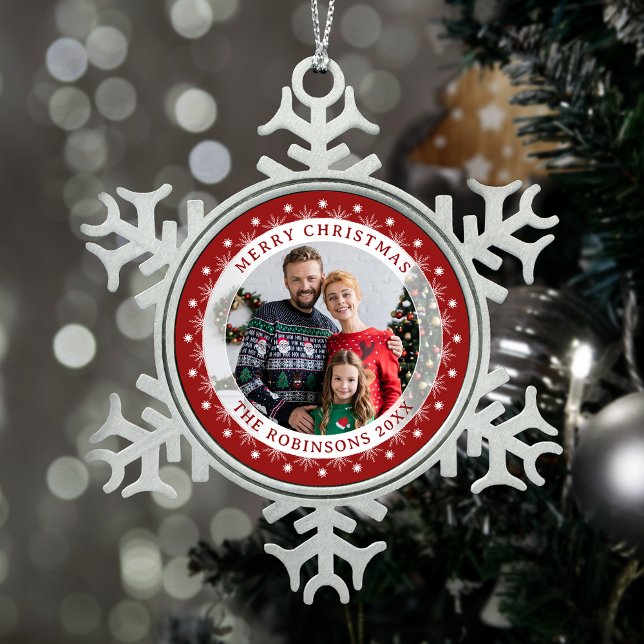 Merry Christmas Elegant Family Photo Red & White Snowflake Pewter Christmas Ornament (Creator Uploaded)