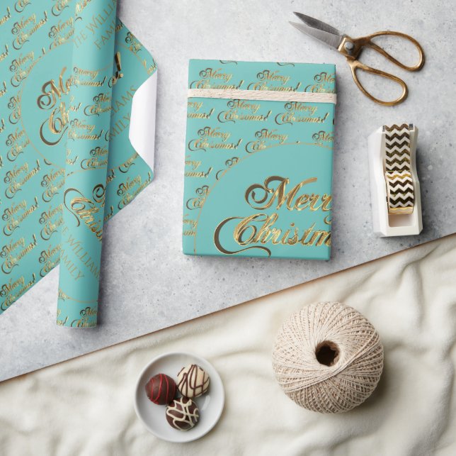 Merry Christmas Elegant Faux Gold Script Teal Wrapping Paper (Crafts)