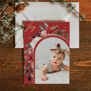 Merry Christmas   Elegant Floral Arch and Photo Foil Holiday Postcard