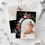 Merry Christmas | Elegant Floral Arch and Photo Holiday Card<br><div class="desc">These beautiful holiday photo cards feature your favourite personal photo on the front, surrounded by a modern arch shape full of classic watercolor Christmas poinsettias, flowers, and greenery and gold script calligraphy that says "joy" on a dark black background. Traditional and elegant red green and white floral illustrations decorate both...</div>
