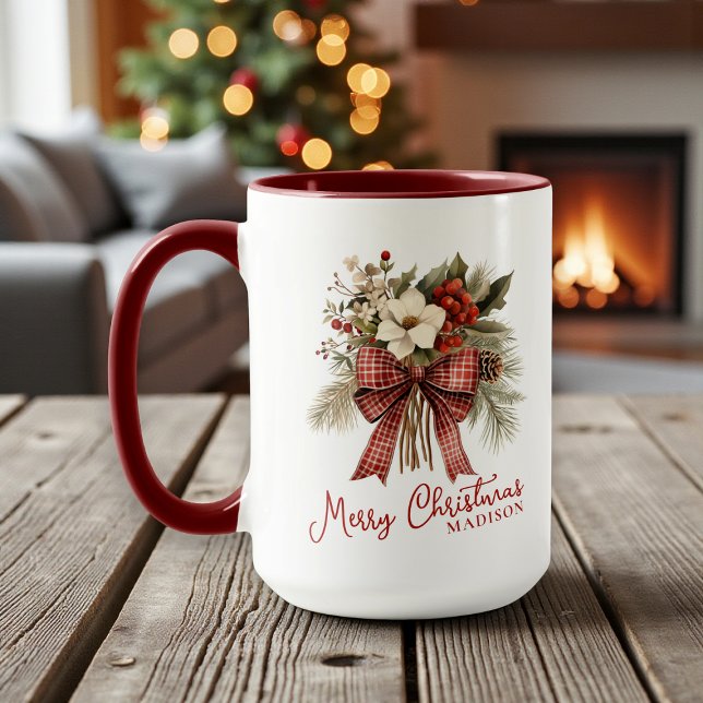 Merry Christmas Elegant Floral Personalized Name Mug (Creator Uploaded)