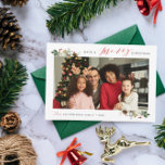 merry christmas elegant floral photo holiday card<br><div class="desc">A modern design with bold text and red trendy script lettering with winter florals. Feel free to personalise the holiday image photo and text.</div>