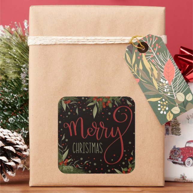 Merry Christmas Elegant Floral Pine Inspirivity  Square Sticker (Holiday)
