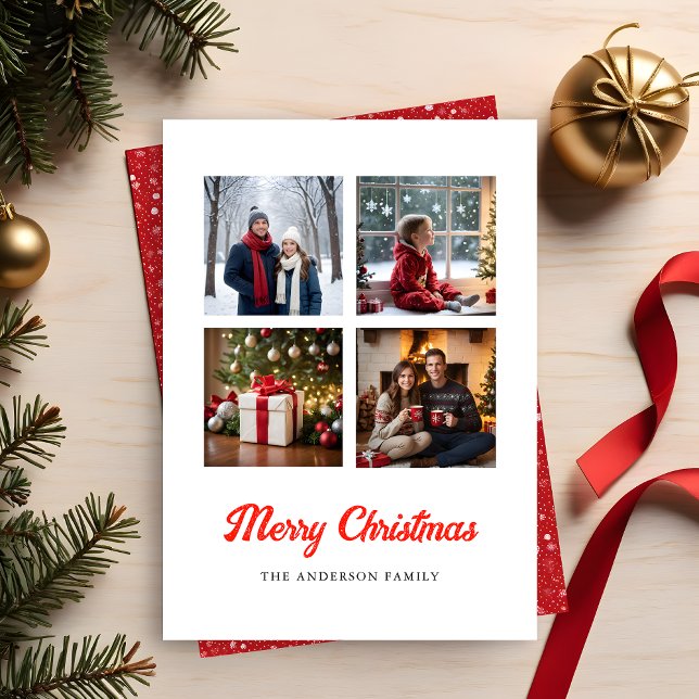 Merry Christmas | Elegant Four Photo Collage Holiday Card (Creator Uploaded)
