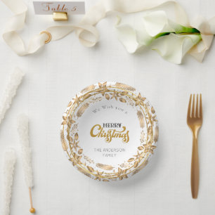 Merry Christmas Elegant Gold Arch White Paper Plat Plate