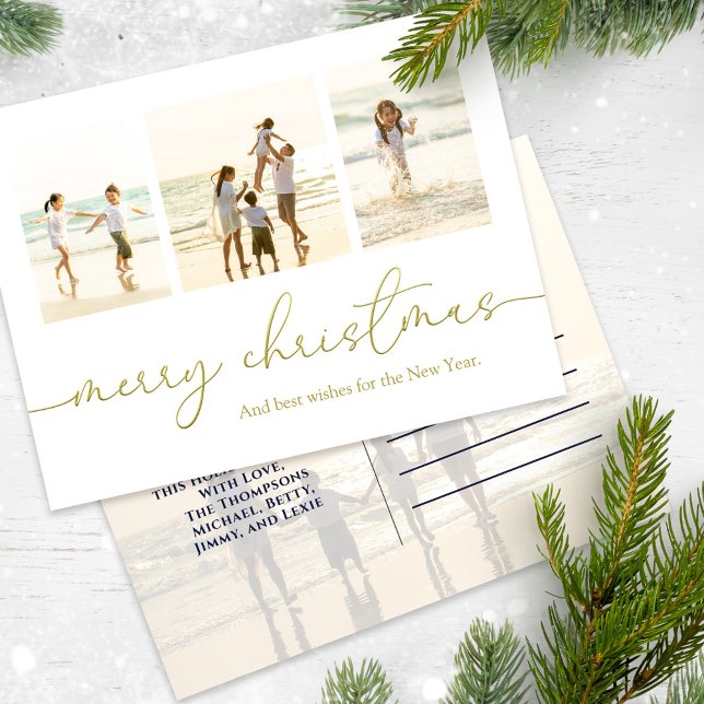 Merry Christmas Elegant Gold Calligraphy 4 Photo Holiday Postcard (With stylish gold calligraphy together with simple block-style lettering for personalizing. )