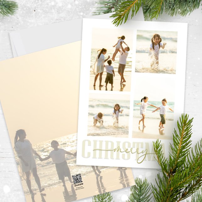 Merry Christmas Elegant Gold Calligraphy 5 Photo Holiday Card (Merry Christmas gold stylish calligraphy photo card with a five photo template. )