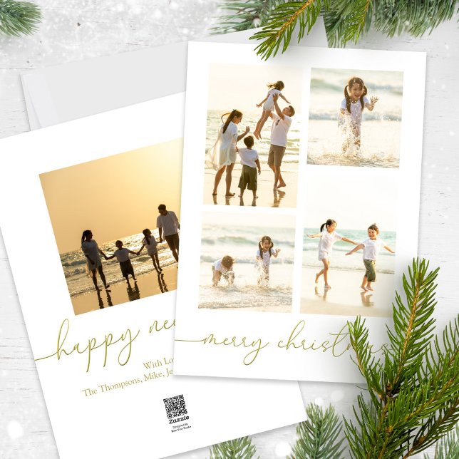 Merry Christmas Elegant Gold Calligraphy Two Photo Holiday Card (Merry Christmas gold stylish calligraphy photo card with a five photo template. )