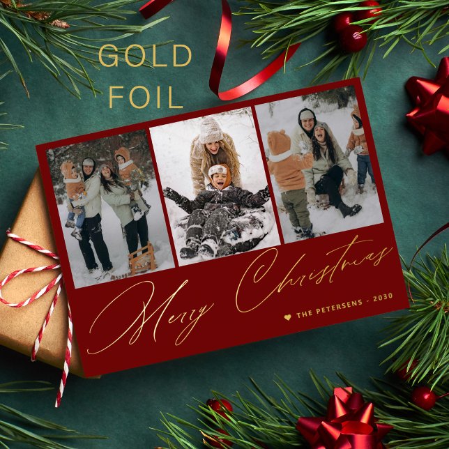 Merry Christmas elegant gold script 3 photo red (Creator Uploaded)