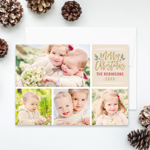 Merry Christmas Elegant Gold Script Photo Collage Holiday Card