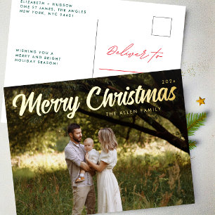 Merry Christmas Elegant Gold Script Photo Foil Holiday Postcard