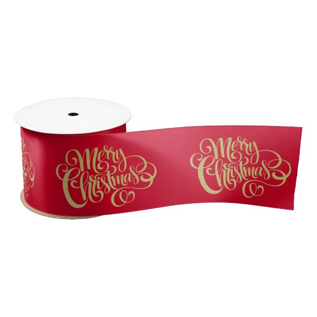 Merry Christmas Elegant Gold Script Typography Red Satin Ribbon (Spool)