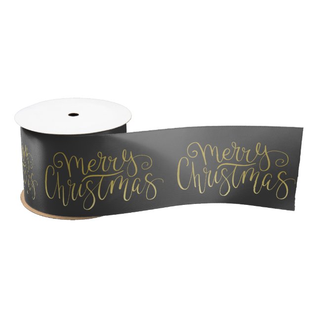 Merry Christmas Elegant Gold Script Typography Satin Ribbon (Spool)
