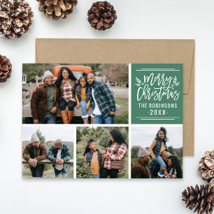 Merry Christmas Elegant Green Script Photo Collage Holiday Card