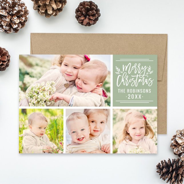 Merry Christmas Elegant Green Script Photo Collage Holiday Card (Creator Uploaded)