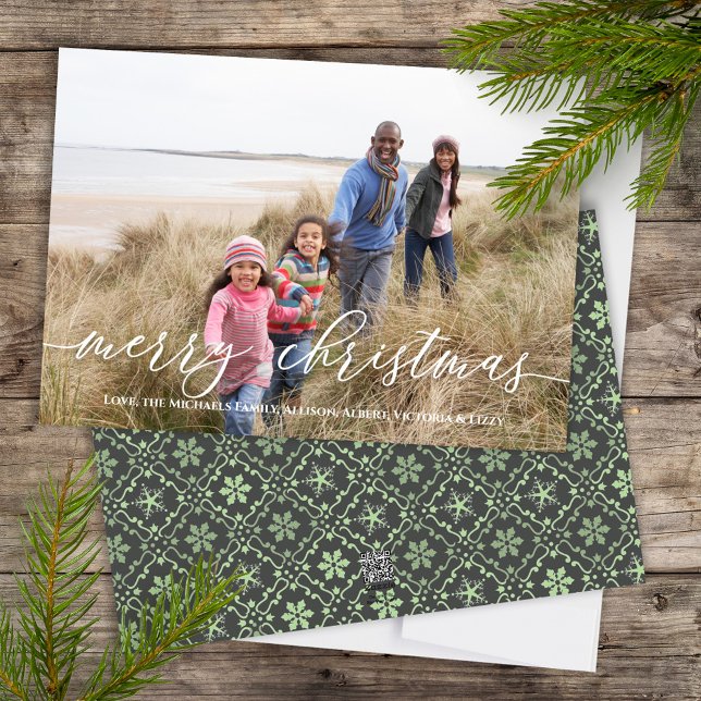 Merry Christmas Elegant Green Snowflake 1 Photo Holiday Card (Merry Christmas Calligraphy Script holiday photo card with elegant snowflake pattern)