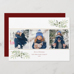 Merry Christmas Elegant Greenery Modern 3 Photo Holiday Card