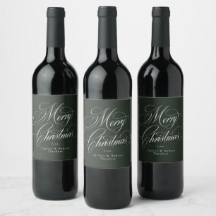 Merry Christmas elegant hunter green holiday Wine Label