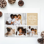 Merry Christmas Elegant Kraft Script Photo Collage Holiday Card<br><div class="desc">Stylish Merry Christmas photo card design features a collage of four (4) photos with custom text that can be personalized with your last name and the year. Branches of holly leaves and berries accent the design. A pattern of small white polka dots appears on the back of the card. The...</div>