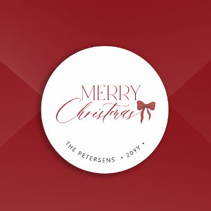 Merry Christmas elegant minimal red bow holiday Classic Round Sticker