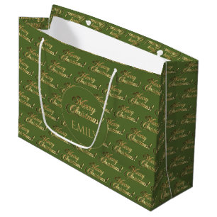 Merry Christmas Elegant Olive Green Gold Script Large Gift Bag