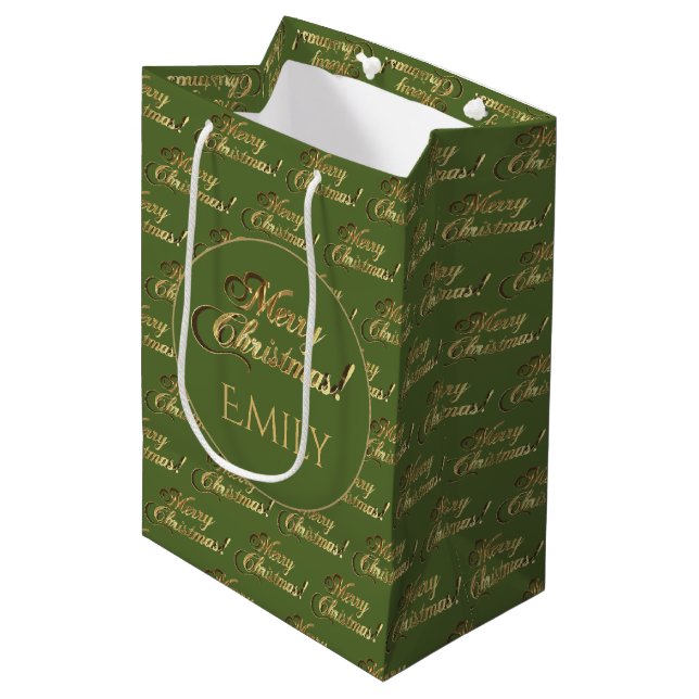 Merry Christmas Elegant Olive Green Gold Script Medium Gift Bag (Front Angled)