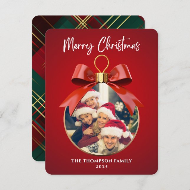 Merry Christmas Elegant One Photo ornament frame Holiday Card (Front/Back)