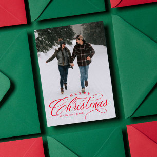 Merry Christmas elegant one photo red Holiday Card