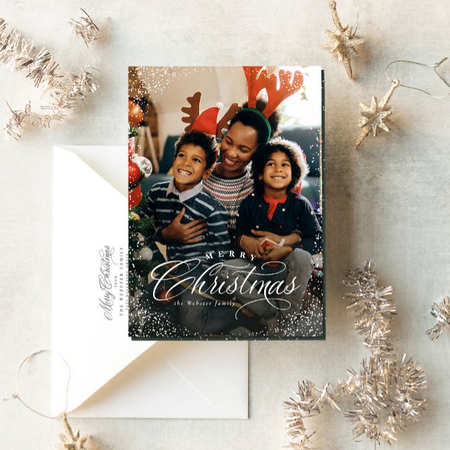 Merry Christmas elegant one photo snow frame Holiday Card (Creator Uploaded)
