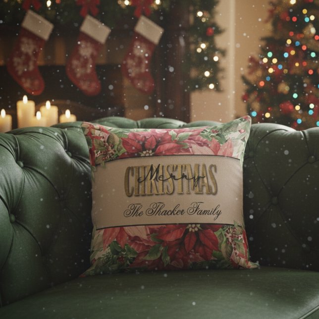 Merry Christmas Elegant Poinsettia Family Name Cushion (Creator Uploaded)