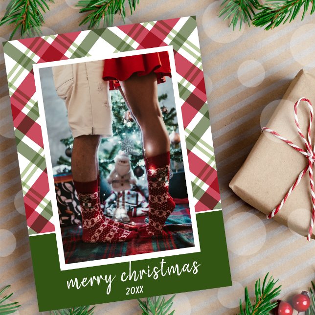 Merry Christmas Elegant Red Green Plaid Photo Holiday Card (Merry Christmas Elegant Red Green Plaid Photo Holiday Card)
