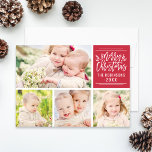 Merry Christmas Elegant Red Script Photo Collage Holiday Card<br><div class="desc">Stylish Merry Christmas photo card design features a collage of four (4) photos with custom text that can be personalised with your last name and the year. Branches of holly leaves and berries accent the design. A pattern of small white polka dots appears on the back of the card. The...</div>