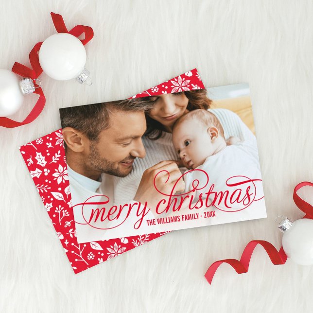 Merry Christmas Elegant Red Script Photo Overlay Holiday Card (Creator Uploaded)