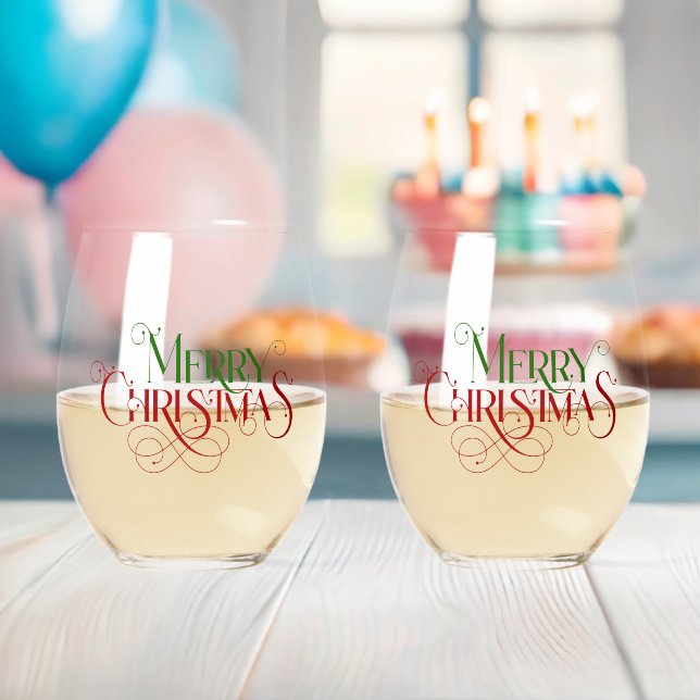 Merry Christmas Elegant Retro Typography Stemless Wine Glass (Insitu (Baby Shower))