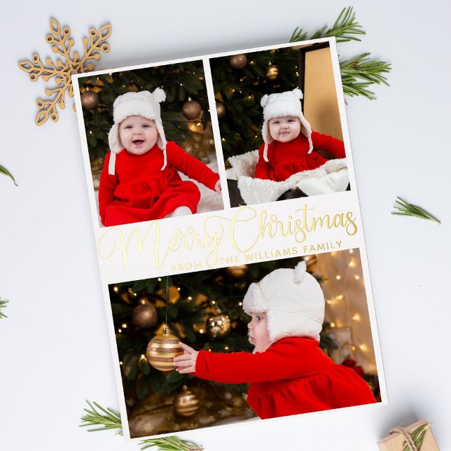 Merry Christmas Elegant Script 3 Family Photo Gold (Creator Uploaded)