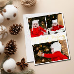 Merry Christmas Elegant Script 3 Family Photo Gold Foil Holiday Postcard<br><div class="desc">Elegant Merry Christmas photo gold foil postcard with beautiful cursive typography in gold foil. This modern holiday family photograph postcard features gorgeous script and your name in over 3 photos of your baby or children. Simple. Chic. Classic.</div>