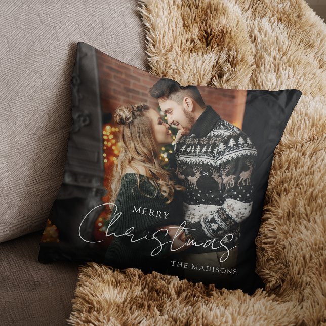 Merry Christmas Elegant Script Couple Photo Cushion (Creator Uploaded)