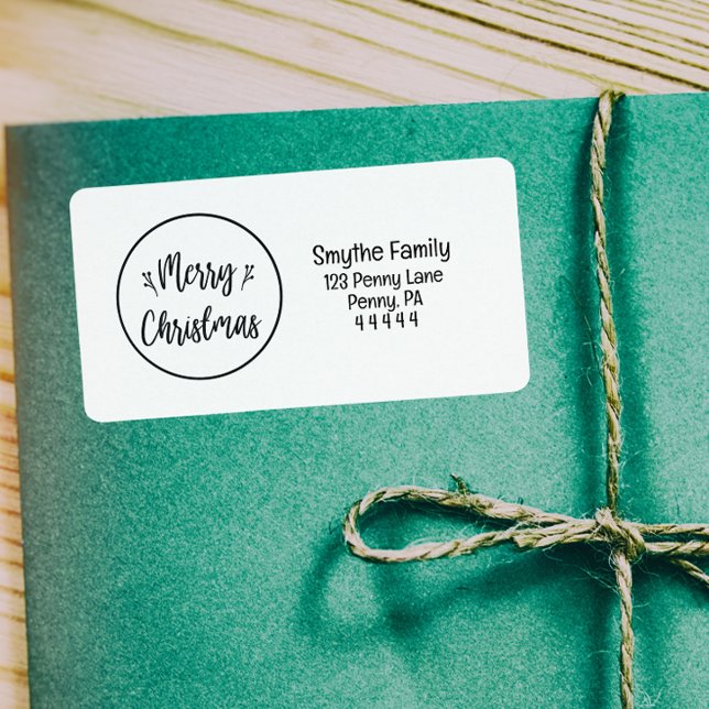 Merry Christmas Elegant Script Family Name Label (Round Merry Christmas | Black Return Address Label)