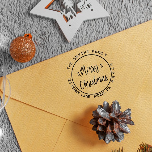 Merry Christmas Elegant Script Family Name Rubber Stamp (Merry Christmas Round Family Name Rubber Stamp
)
