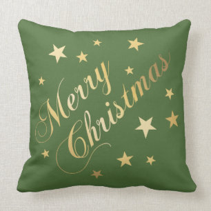 Merry Christmas Elegant Script Gold Stars Green Cushion