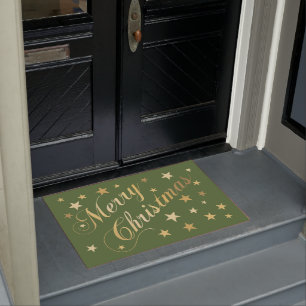 Merry Christmas Elegant Script Gold Stars Green Doormat