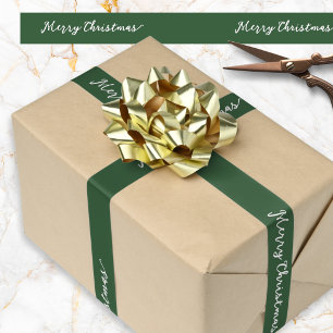 Merry Christmas Elegant Script Green Festive Satin Ribbon