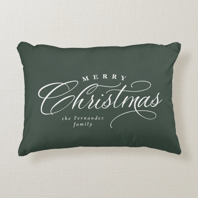 Merry Christmas elegant script green holiday decor Decorative Cushion (Front)