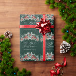 Merry Christmas Elegant Script Greenery Christmas Wrapping Paper<br><div class="desc">Modern Christmas gift wrapping paper featuring elegant winter greenery and holly berries on a dark green background. The traditional greeting "Merry Christmas" appears in classy handwritten style typography. Personalise this lovely holiday wrapping paper with your name.</div>